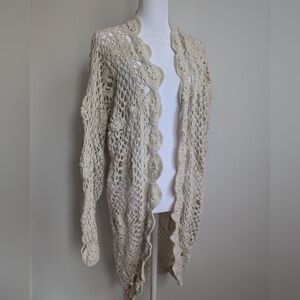 Vintage Handknit Cream Mid Length Crochet Boho Duster Cardigan S Ramie Cotton